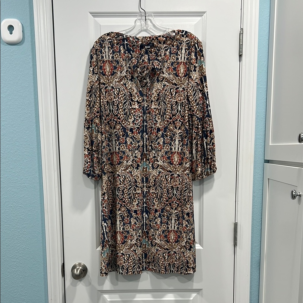 Tommy Hilfiger Womens Blue Printed Tie-Neck Shift Dress Size 10 Boho